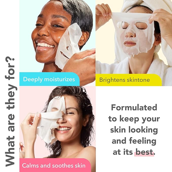 Patchology Face Mask Variety Pack - Brightening Face Mask with Vitamin C stimulates collagen, Hydrating Face Masks with Hyaluronic Acid soften skin, Renewing Face Masks with Strawberry (6 Masks)