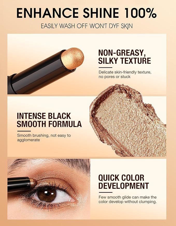 Erinde Shimmer Cream Eyeshadow Stick, Long Lasting Metallic Eye Shadow Sticks, Waterproof Creamy Glitter Eyeshadow Pencil, High Pigmented Blendable Neutral Eye Makeup, 13 Warm Gold Shimmer