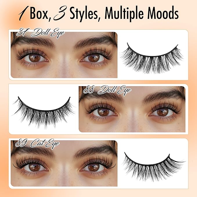 Bepholan Self Adhesive Eyelashes Natural Look No Glue Need Eyelashes,Press On Lashes,Reuseable Waterproof Fake Eyelashes Wispy with Tweezer 3 Pairs Eyelashes of 6 Pairs Adhesive Strips