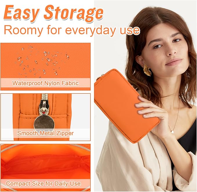 Nylon Small Makeup Bag for Purse, Cute Preppy Makeup Bag Cosmetic Zipper Pouch Purse, Waterproof Portable Travel Toiletry Bag Clutch Makeup Brush Bag Organizer Storage for Women Men Girls(Orange)