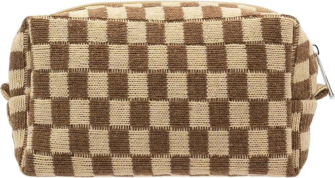 PAZIMIIK Checkered Makeup Bag for Purse Portable Zipper Make Up Pouch Small Cosmetic Case for Travel Accessories (Coffee)