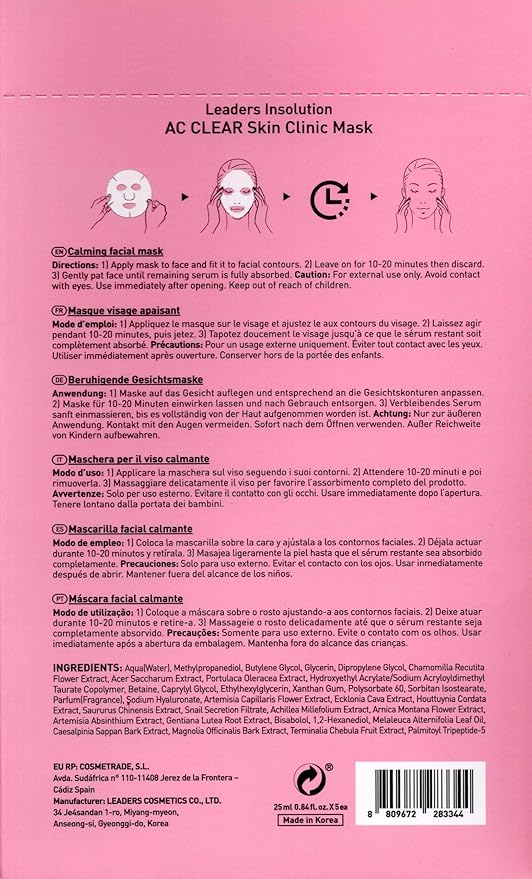 Leaders Insolution AC Clear Skin Clinic Mask | Snail Secretion & Tea Tree Oil for Acne, Redness, Oil Control | 100% Cotton Bemliese Sheet | Balances & Soothes Sensitive Skin (10 Sheets)