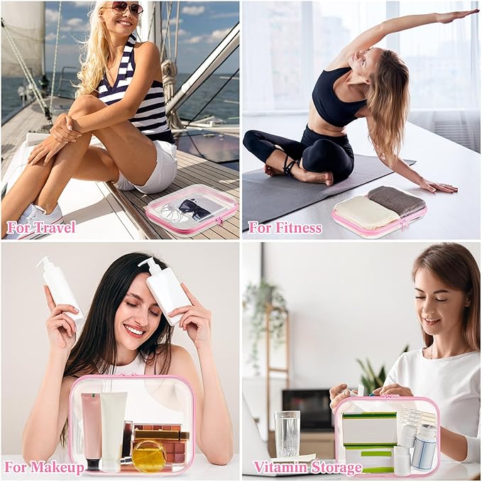 Hoolerry 3 Pcs Clear Hard Zipper Case Plastic Pouch Transparent Hard Case Clear Makeup Bag Portable Travel Organizer Bin for Cosmetics, Building Blocks, Puzzles(Pink,M)
