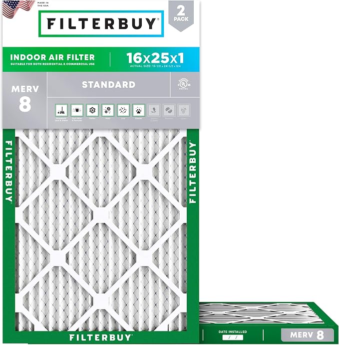Filterbuy 16x25x1 Air Filter MERV 8 Essential Dust & Allergy Defense, by Filterbuy