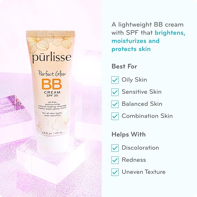 pūrlisse Perfect Glow BB Cream with SPF 30 - Matte Meets Dewy Finish - Enriched with Goji & Hawthorn Berry to Help Improve Skin Texture & Radiance - Medium (1.4 oz)