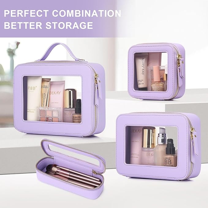Pinkmik Clear Makeup Bag with Brush Bag 2pcs Waterproof Travel Case for Cosmetics and Toiletries Women's Cosmetic Organizer with Zipper (X/Purple, L+SLIM)