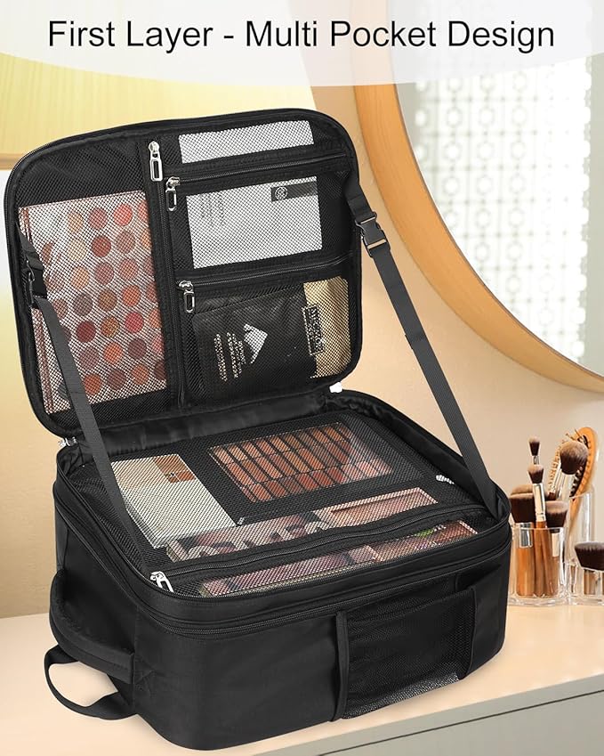 Makeup Backpack Professional Cosmetic Artist Bag Extra Large Travel Train Case Storage Organizer Double-Layer Cosmetic Case with 8 Pouch &Adjustable Divider (Black)
