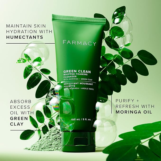 Farmacy Foaming Face Wash for Oily Skin - Whipped Greens Oil-Free Gentle Facial Cleanser + Exfoliator - Infused with Green Clay to Remove Impurities, Control Oil + Maintain Skin Hydration (150ml)