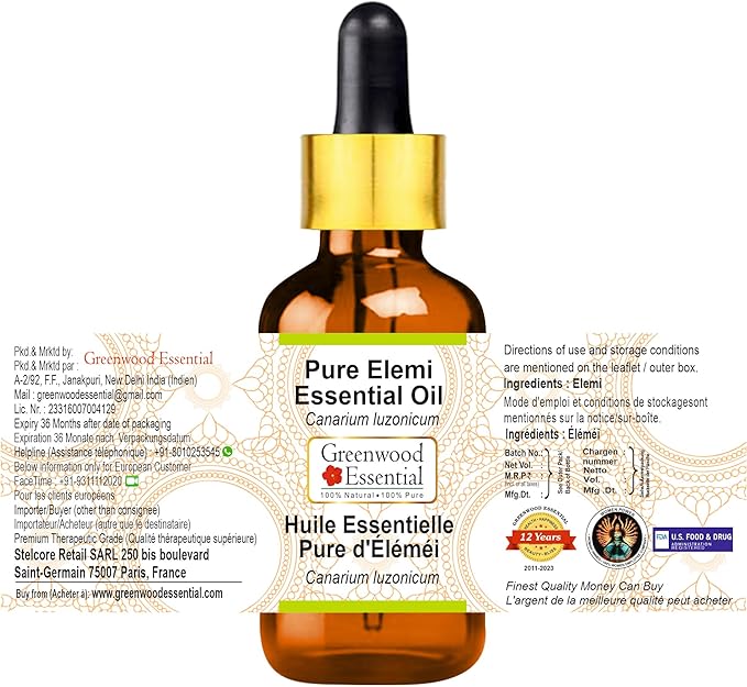 Greenwood Essential Elemi Essential Oil (Canarium luzonicum) with Glass Dropper | Pure | Non-Sticky | Non-Greasy | Lightweight | Men & Women | All Skin Types | Steam Distilled 10ml (0.33 oz)