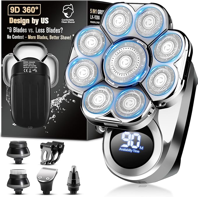 9D Electric Head Shaver for Bald Men, Upgraded 5-in-1 Head Shaver for Bald Men, Waterproof Wet/Dry Grooming Kit Electric Shaver for Men, Cordless Rechargeable Bald Head Razor for Home&Travel