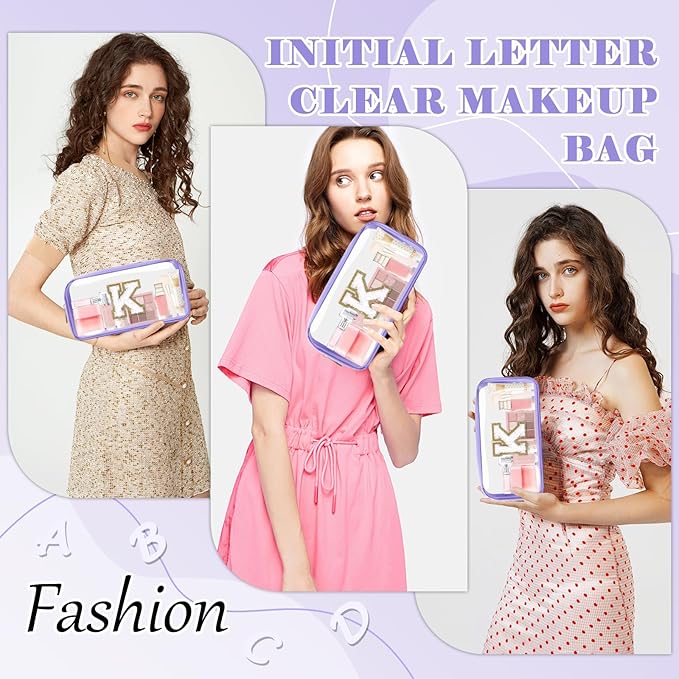 Personalized Initial Letter Clear Makeup Bag,Preppy Small Nylon&PVC Cosmetic Zipper Bag with Chenille Letter,Travel Skincare Toiletry Bag,Monogram Christmas Gift for Teen Girls Women,K