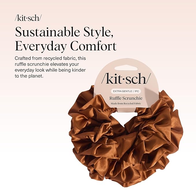 Kitsch Recycled Satin Ruffle Scrunchie – Gentle Hair Scrunchie for Women, Eco-Friendly Hair Tie No Damage, Stylish Ponytail Holder | Ideal Gifts for Women - Camel