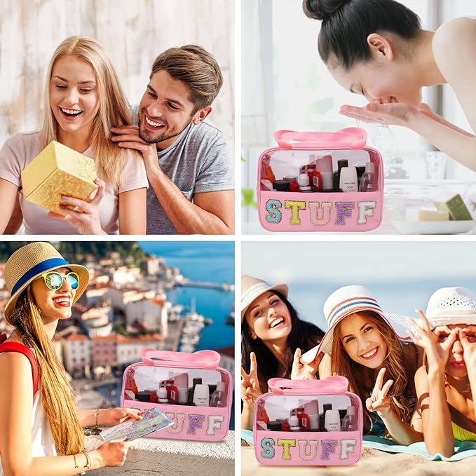 Chenille Letter Patch Travel Bag, Preppy Clear Makeup Cosmetic Bag Large Toiletry Storage Tote Bag with Handle, Transparent Nylon Waterproof Organizer Zipper Pouch for Travel Women Girls(Pink)