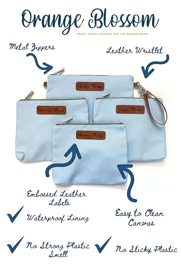 Stylish Diaper Bag Organizing Pouches - XL Set of 4 Light Blue Canvas Diaper Bag Pouches with Leather Embossed Labels, Leather Wristlet Strap & Durable Metal Zippers