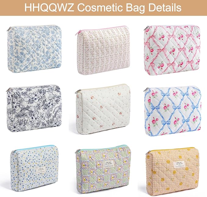 Makeup Bag Travel Cosmetic Bag for Women Girls, Zipper Make Up Pouch, Floral Flowers Toiletry Organizer Makeup, Portable Storage Cosmetic Travel Cloth Bag (L/Blue Bowknot)