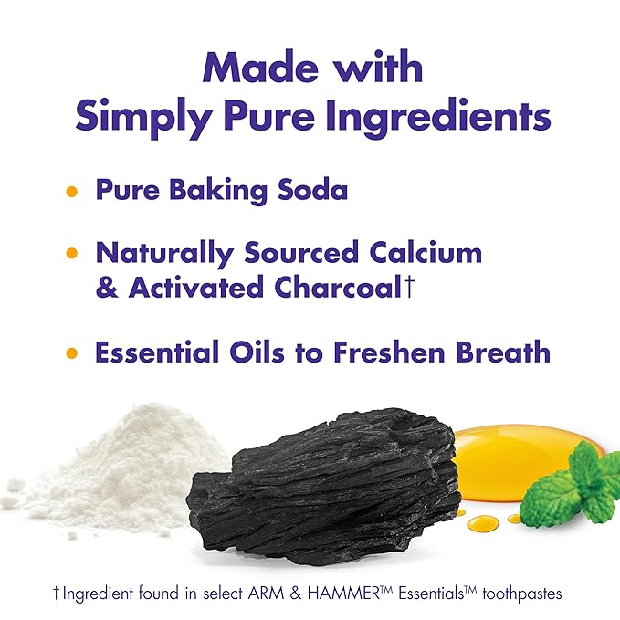 ARM & HAMMER Essentials Fluoride-Free Toothpaste Whiten + Activated Charcoal-12 Pack of 4.3oz Tubes, Clean Mint- 100% Natural Baking Soda