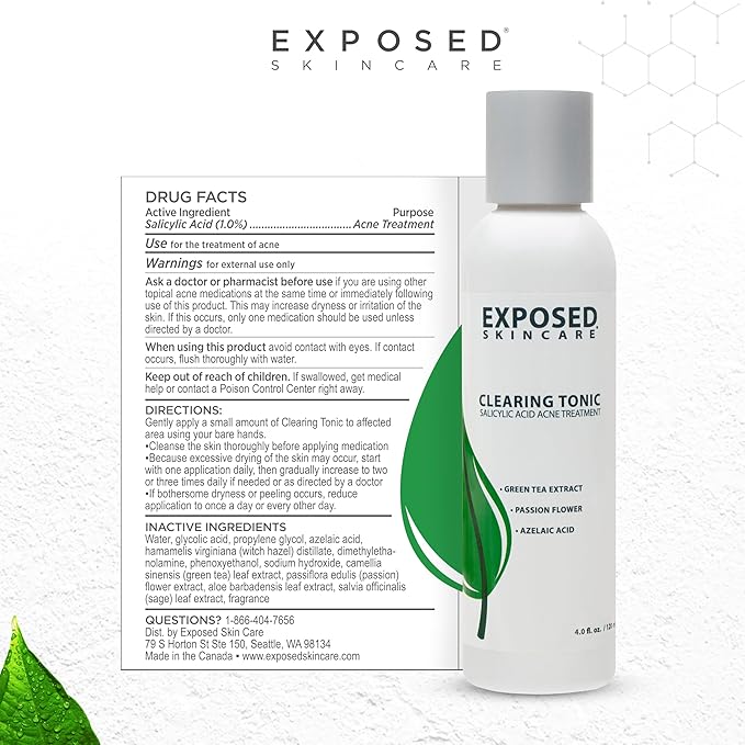 Exposed Skin Care, Clearing Tonic Facial Toner with 1% Salicylic Acid and Witch Hazel – Daily Toner for Teen and Adult Acne, Blackheads and Oily Skin – Natural, Non-Toxic and Cruelty Free