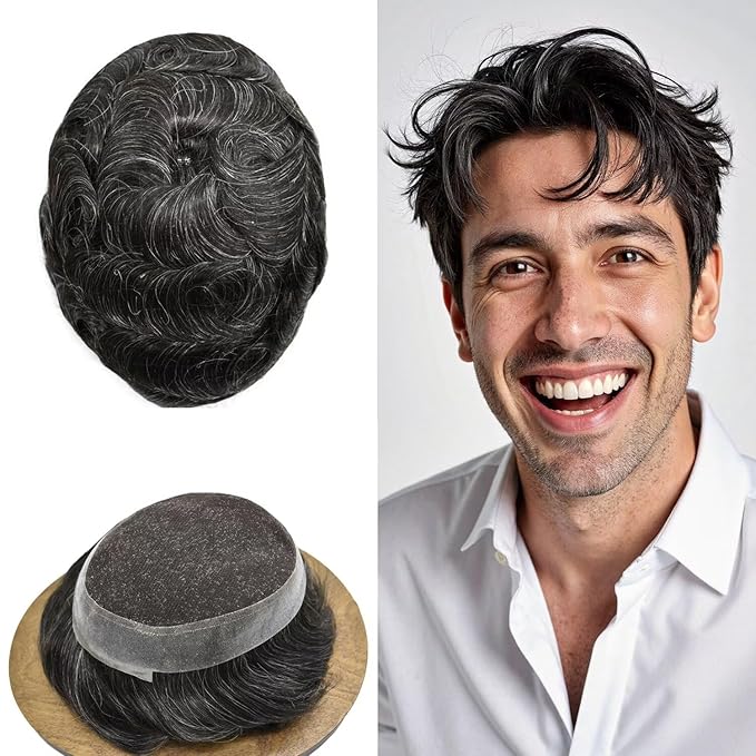 FACE MIRACLE Mens Hair System French Lace Center Mens Toupee Human Hair Replacement System Lace with PU Toupee for Men Male Hair Piece Wigs 6"X9" #1B20 Off Black with 20% Gray