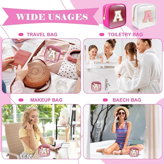 Personalized Initial Letter Clear Preppy Makeup Bag,Mini Nylon Chenille Letter Cosmetic Bag Cute Zipper Pouch Coin Purse for Teen Girls,Portable TSA Approved Travel Essentials Bag Gift for Women,A