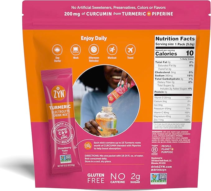 ZYN Electrolyte Drink Mix Hydration Packets, Strawberry Yuzu Electrolytes Powder, Hydration Packets w/Turmeric Curcumin, Vitamin C & D, Zinc, Hydrate & Recover Electrolyte Powder, Pack of 32