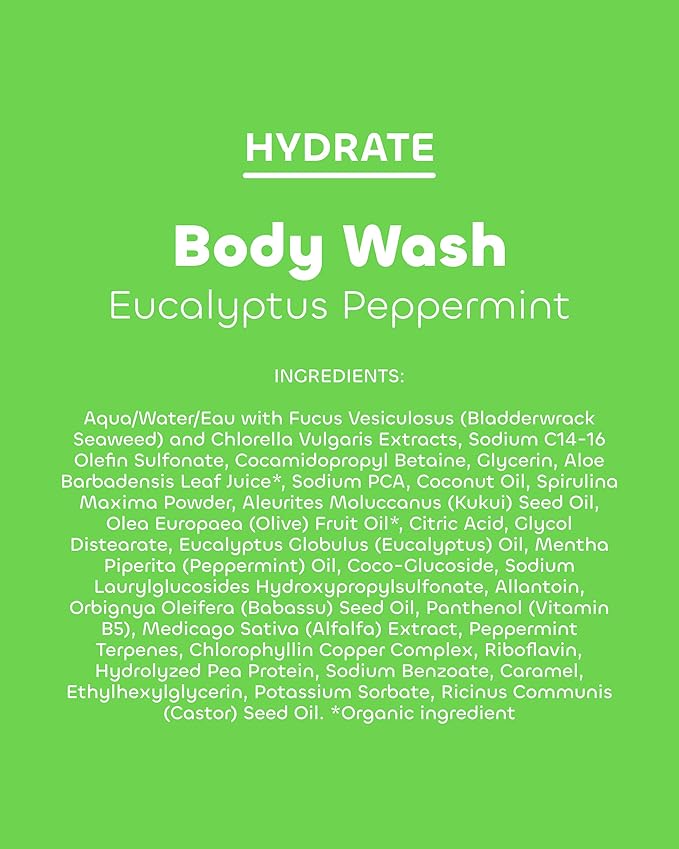 Seaweed Bath Co. Hydrate Body Wash, Eucalyptus Peppermint Scent, 12 Ounce, Shower Gel for Men & Women, Vegan, Paraben Free, Sulfate Free, Cruelty Free