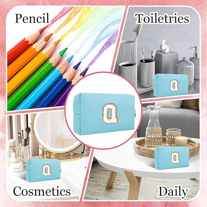 Small Personalized Letter Makeup Bag, Cute PU Leather Chenille Letters Cosmetic Bag Travel Makeup Pouch, Preppy Travel Organizer Zipper Pouch for Women&Girls（Blue-Q）