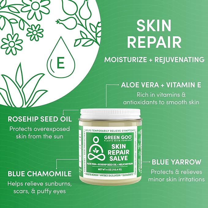 Green Goo Skin Repair Healing Salve, Natural Body & Face Moisturizer with Aloe Vera, Improves Skin's Appearance, Great for Scarring & Wrinkles, 4 Oz
