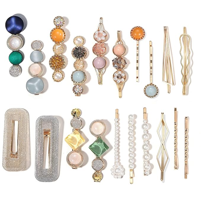 Mehayi 20 PCS Macaron Pearls and Acrylic Resin Hair Clips, Handmade Cute Hair Barrettes Bobby Pins, Glitter Crystal Geometric Hairpin, Elegant Gold Hair Accessories, Gifts for Women Girls…