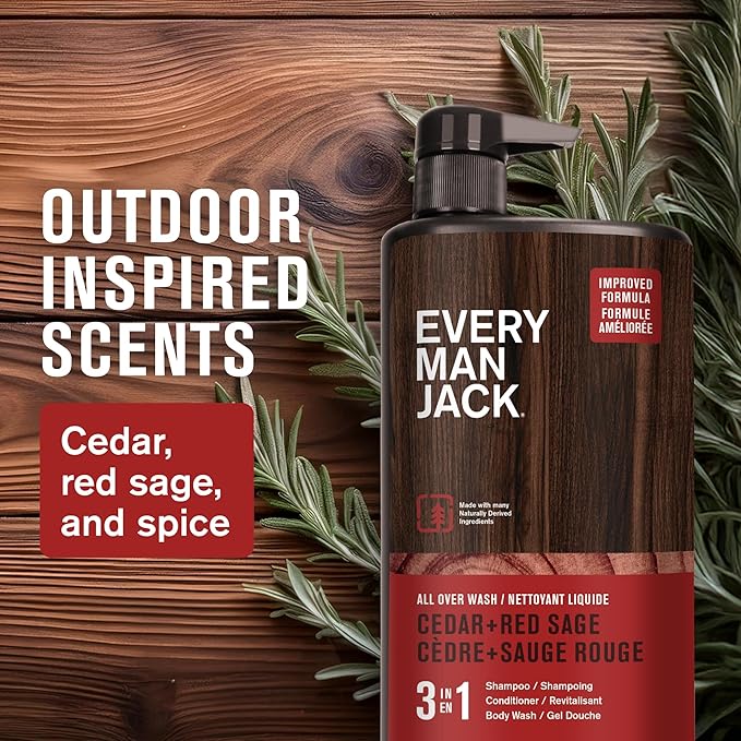 Every Man Jack Cedar + Red Sage Hydrating Mens 3-in-1 All Over Wash for All Skin and Hair Types - Body Wash, Shampoo and Conditioner with Naturally Derived Ingredients - 28.8oz (2 Pack)