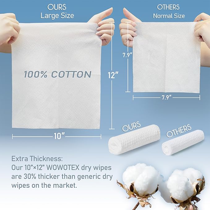 100% Cotton Disposable Face Towel 50 Count 10x12 Inch | Biodegradable Thick Soft One Time Use Dry Wipes for Sensitive Skin, Baby Care, Facial Cleaning, Makeup Removal