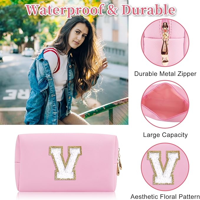 Iqimott,Personalized Initial Letter Patch Makeup Bag, Preppy Portable Chenille Letter Cosmetic Bag with Zipper, PU Leather Travel Toiletry Bag Monogram Make Up Pouch for Women Girls(Letter V)