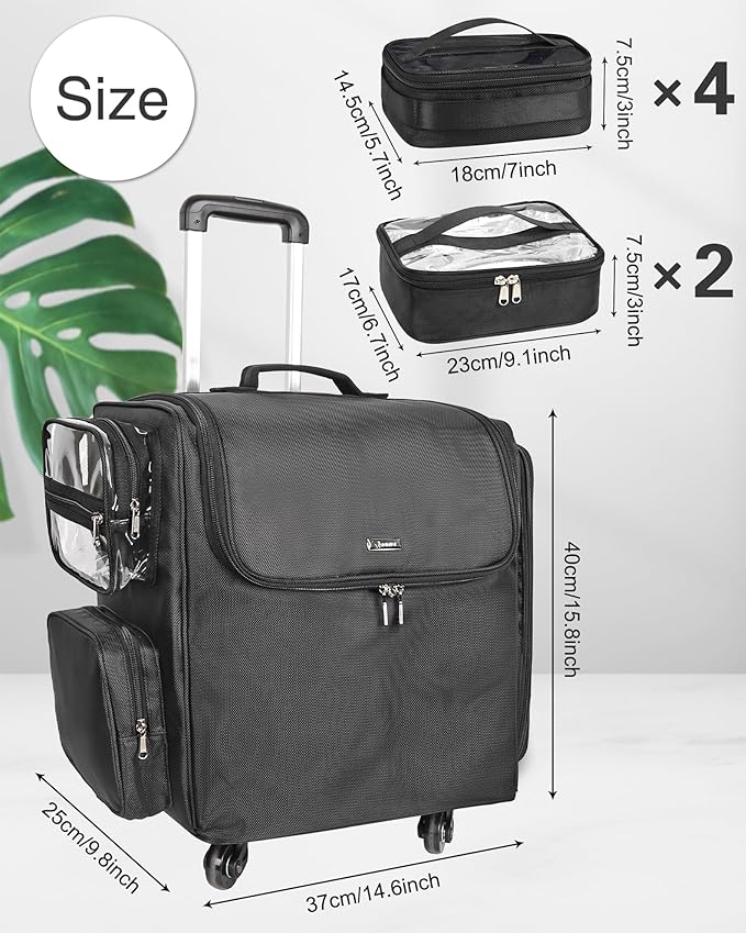 Relavel Rolling Makeup Train Case with 6 Pcs Clear Makeup Bags, Hairstylist Traveling Bag with 4 Wheels, Heat Insulation Full Layer, Adjustable Dividers, Hair Tools and Cosmetics Storage Organizer