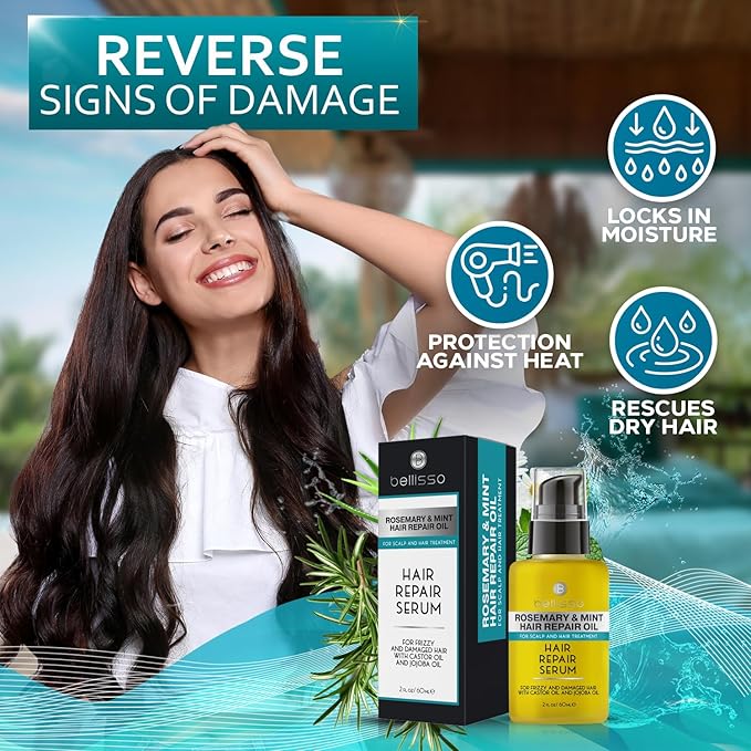 Rosemary Mint Oil Hair Serum - Thickening Products for Women and Men - Strengthening Treatment for Dry, Damaged, Frizzy Split Ends - Control Frizzy, Thinning and Curly Locks - Scalp Moisturizer