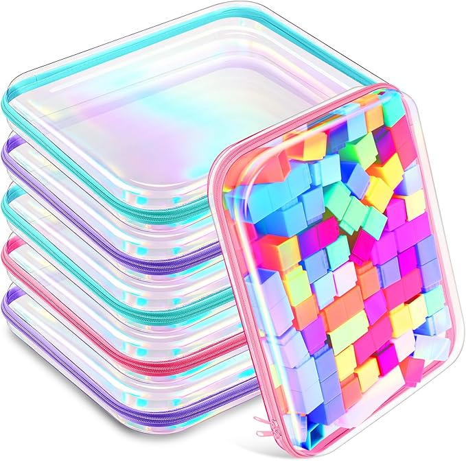 Sanwuta 6 Pcs Clear Hard Zipper Case Hard Plastic Zipper Pouches Makeup Bag Pencil Pouches Transparent Cases for Snacks Plastic Storage Organizer Box for Travel(Holographic,13.78 x 11.81 x 2 Inch)