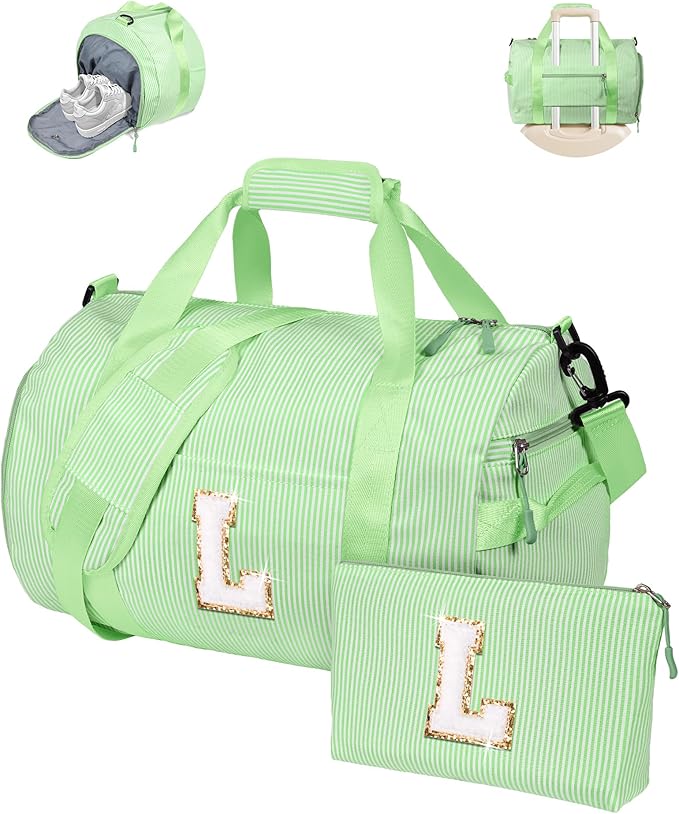 4 Year Old Girl Birthday Gift, Girls Travel Duffle Bag, Kids Initial Overnight Bags with Shoe Compartment, Personalized Weekend Bag with Makeup Pouch, Gift for Gymnastics Girl (Letter L)