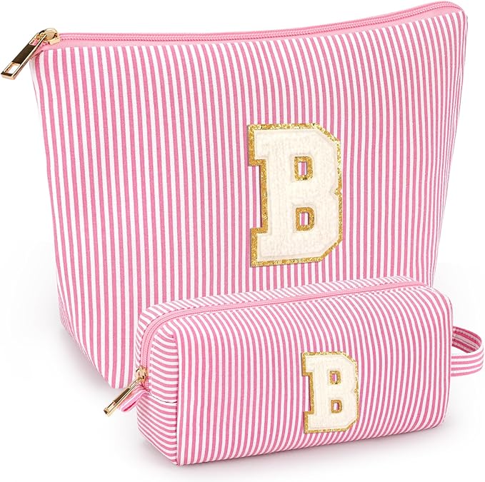 2 PCS Initial Makeup Bags for Women: Cosmetic Bag for Travel Toiletry - Birthday Gifts for 11 12 13 14 15 16 17 18 Years Old Girl Graduation Teacher Gift- Teen Girl Gifts Trendy Stuff - Pink B