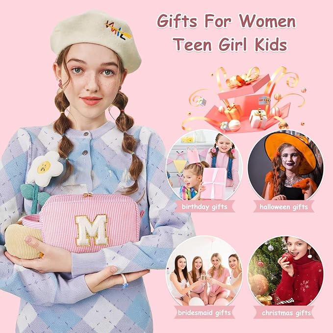 YOOLIFE Initial Makeup Bag for Women - Monogram Cute Pink Makeup Bag Cosmetic Toiletry Pouch Make Up Case for Women Her Best Friend Friendship Sister Teacher, Personalized Birthday Gifts for Women H