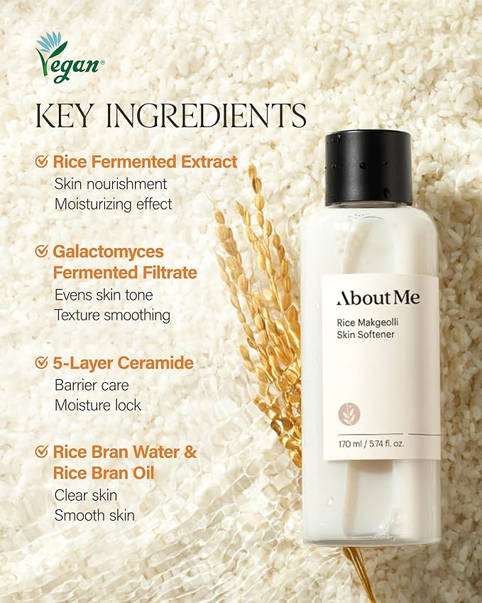 ABOUT ME Rice Makgeolli Skin Softener – Korean Traditional Fermentation Toner for All Skin Types – Daily Barrier Repair with 5 Ceramides & Rice Bran – Korean Skin Care – 5.74oz, 170ml