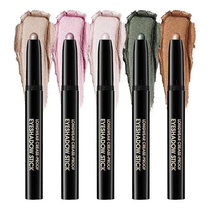 CHIFURE Eyeshadow Stick, Shimmer and Matte Cream Eye Shadow Brightener Sticks Eyeliner Pencil Crayon, Waterproof Long Lasting Eye Highlighter Stick Makeup,0.056 Oz (5PCS Shimmer)