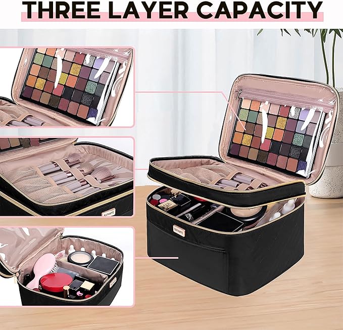 8.8L Double Layer Travel Makeup Bag Women, Large Cosmetic Case, Organizer for Travel-Size Accessories Bottles, Brushes, and Skin Care Products, Black 2.33 GAL