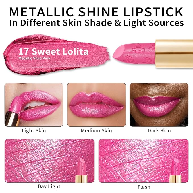 Oulac Hot Pink Lipstick for Women with Metallic 3D Shine Lightweight Hydrating Formula, High Impact Lip Color, Vegan Beauty, Full Coverage Lip Makeup, Christmas Gifts for Women, Sweet Lolita(17)