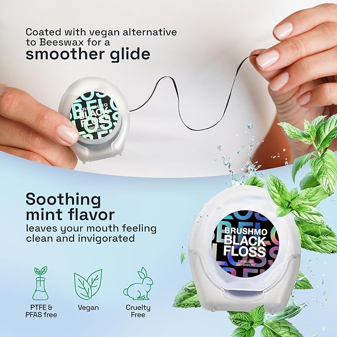Brushmo Black Floss (BBFloss) - Expanding Floss, Gum-Friendly Soothing Mint Dental Floss, Natural Vegan Wax to Remove Plaque from Teeth, Dentist Designed PTFE & PFAS Free Oral Care, 5 Spools, 275 yd