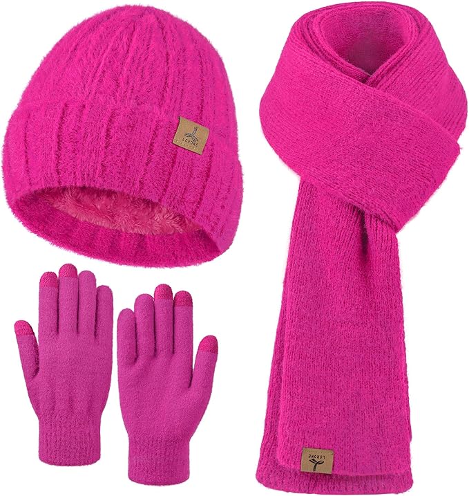 Winter Beanie Hat Scarf Gloves, Warm Fleece Knit Hat Long Scarf Neck Warmer Touch Screen Winter Gloves Set Gifts for Women