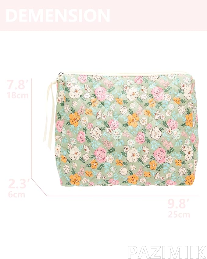PAZIMIIK Quilted Makeup Bag Large Travel Zipper Soft Cosmetic Pouch for Women Girls Make Up,Green Flower