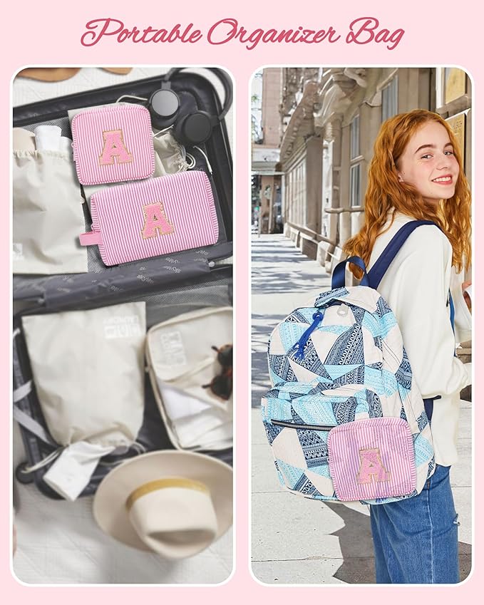 MONSTINA Personalized Initial Makeup Bag for Women,Make Up Case for Girlfriend Bridesmaid Wife,Birthday Gift for Her Cute Toiletry Bag,Period Bag Sanitary Napkin Storage Bag|Tampon Pouch,2PCS,Pink Y