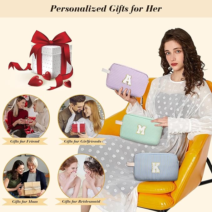 Travel Makeup Bag Christmas Gifts for Women Girl Teens, Personalized Initial Makeup Bag for Cute Teen Girls, Preppy Stuff Toiletry Bag Cosmetic Bag, Teen Girls Gift Trendy Stuff, Letter A