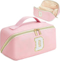 for Christmas Day Gifts, Makeup Bag for Women, PU Leather Travel Toiletry Bags, Initial Make Up Cosmetic Pouch for Teen Girls, Wide Open Portable Skincare Bag, Personalized Birthday Gifts, Pink D
