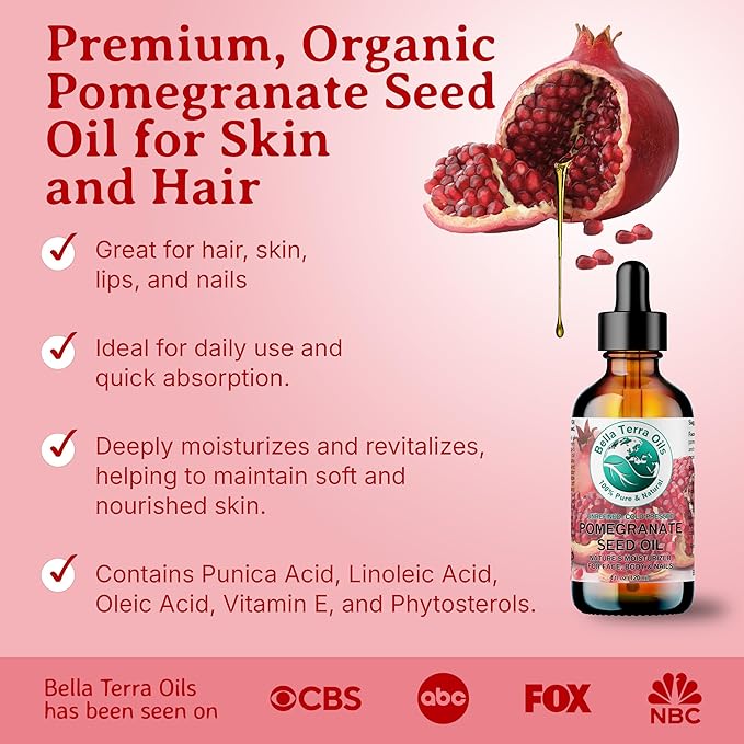 Bella Terra Oils - Organic Pomegranate Seed Oil 16 oz - Revel in The Essence of Punicic Acid & Ellagic Acid, Nature’s Gift for Radiant & Nourished Skin