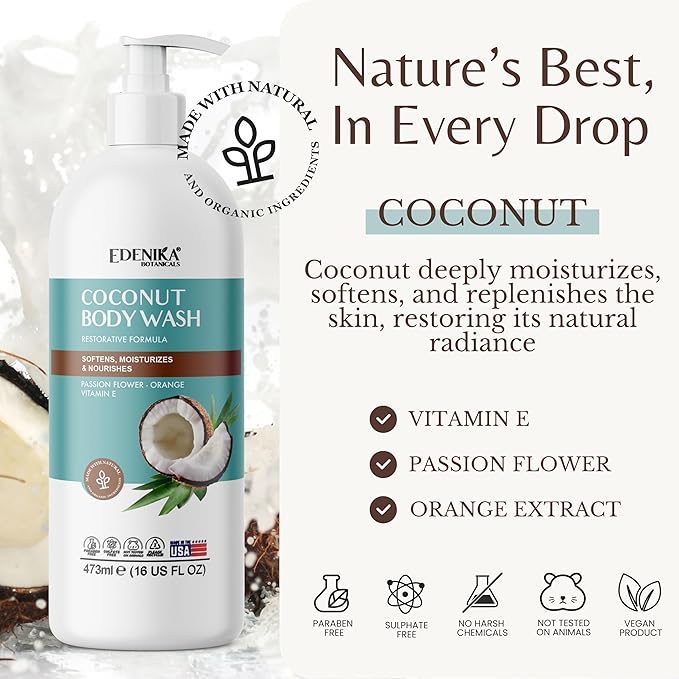 Coconut Body Wash, Cleans, Softens & Nourishes, Ultra Moisturizing Shower Gel for Dry and Sensitive Skin, Women & Men, Organic & Natural, 16 fl oz, 2-Pack