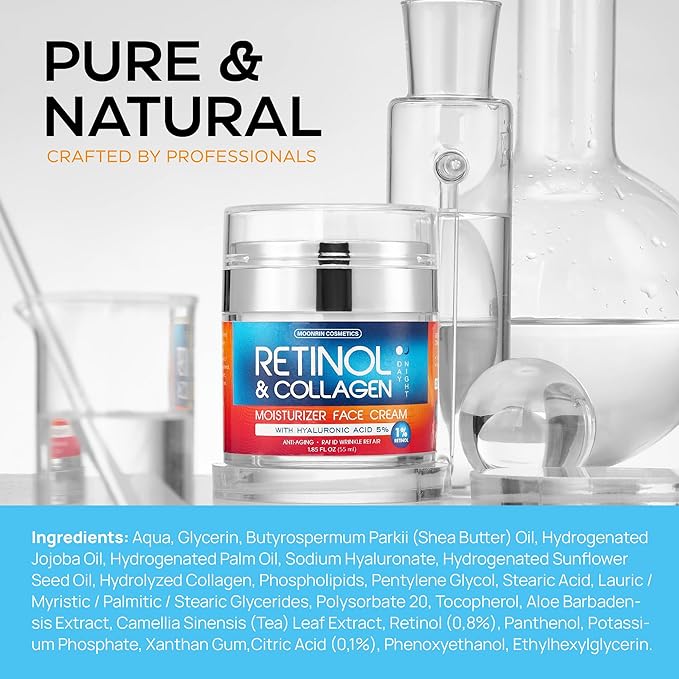 Retinol Cream for Face with Hyaluronic Acid, Day-Night Anti-Aging Moisturizer for Women, Men, Collagen Cream for Face Reduces Wrinkles, Dryness, 1.85 Oz